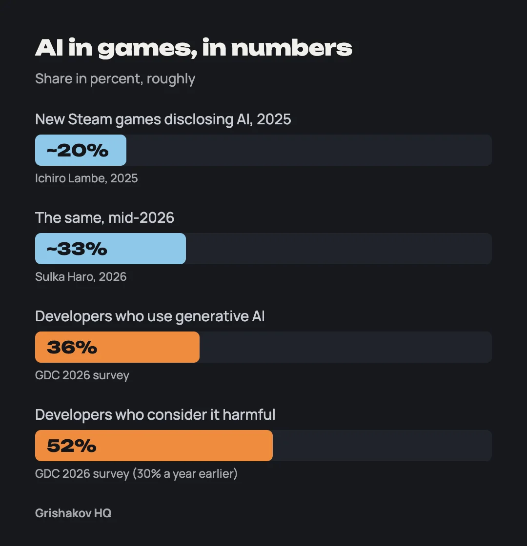 About 20% of new Steam games used AI in 2025 and about 33% in 2026; 36% of developers use it, 52% call it harmful